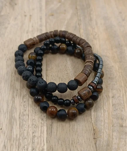 3-Piece Wood, Lava Stone, and Hematite Bracelet Stack