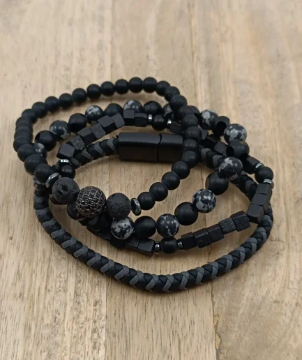 4-Piece Black and Gray Gemstone Bracelet Set