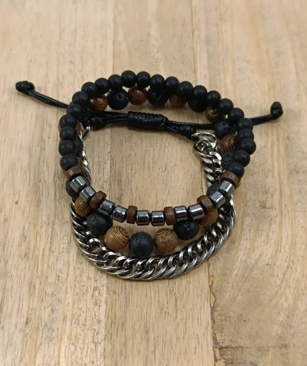 Lava, Wood and Metal Fusion: 3-Piece Bracelet Set