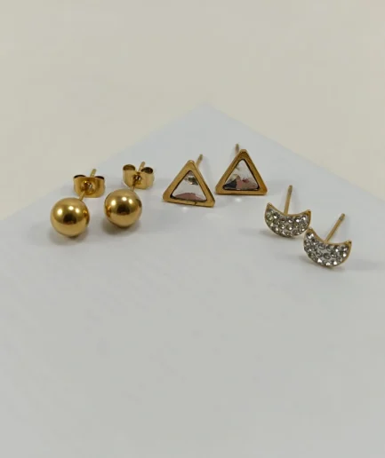 Shiny Trio: Triangle, Circle, and Crescent Moon Studs