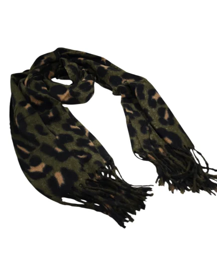 Leopardskjerf grønn i ullmiks – mykt leopardmønstret skjerf for dame
